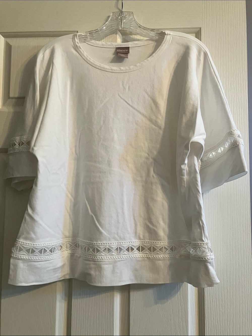 Chico's White Short Sleeve Lace-Trim Tunic